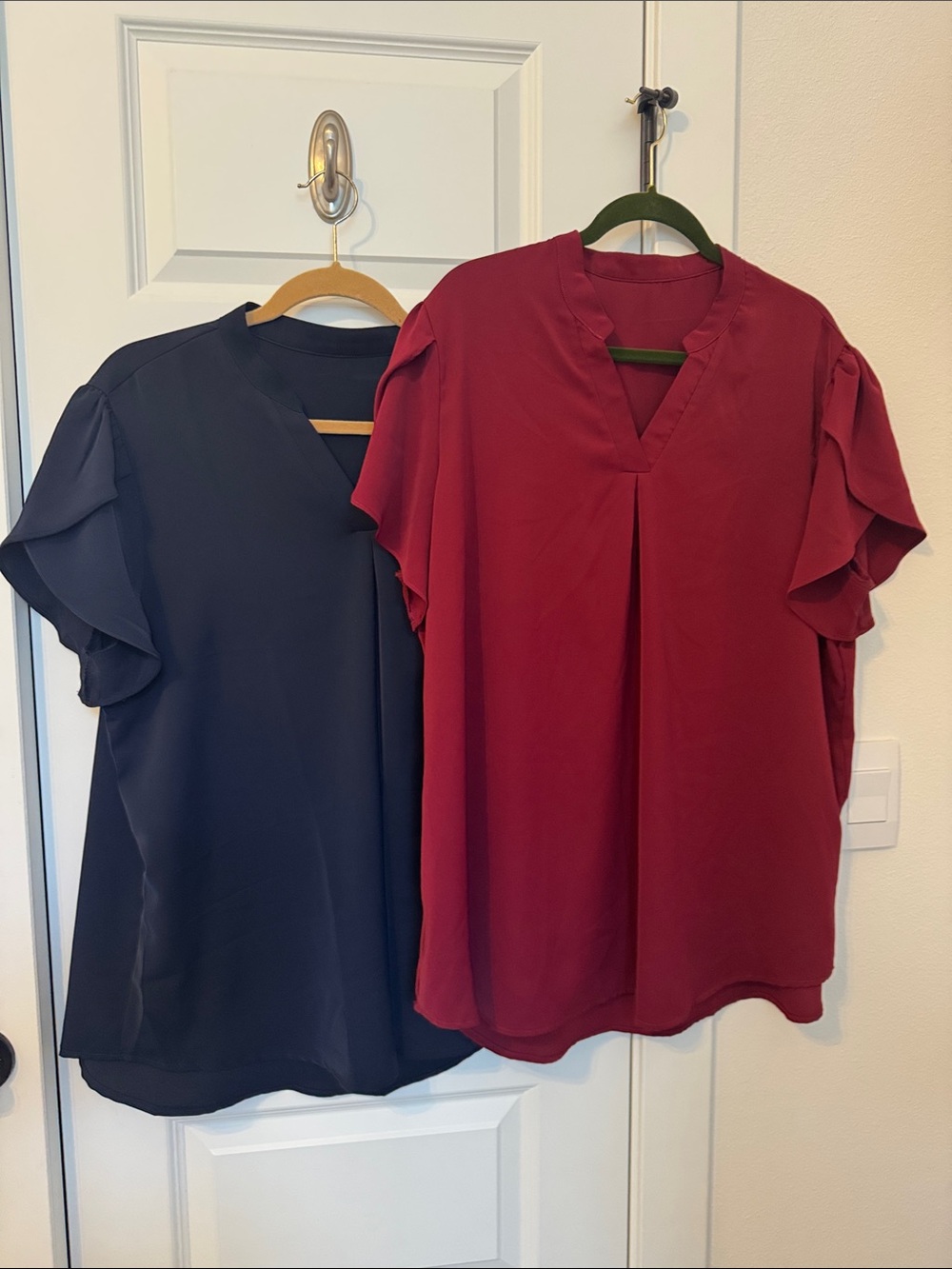 Women's Dressy Casual Business Work Chiffon Blouses Tops (Navy & Burgundy)